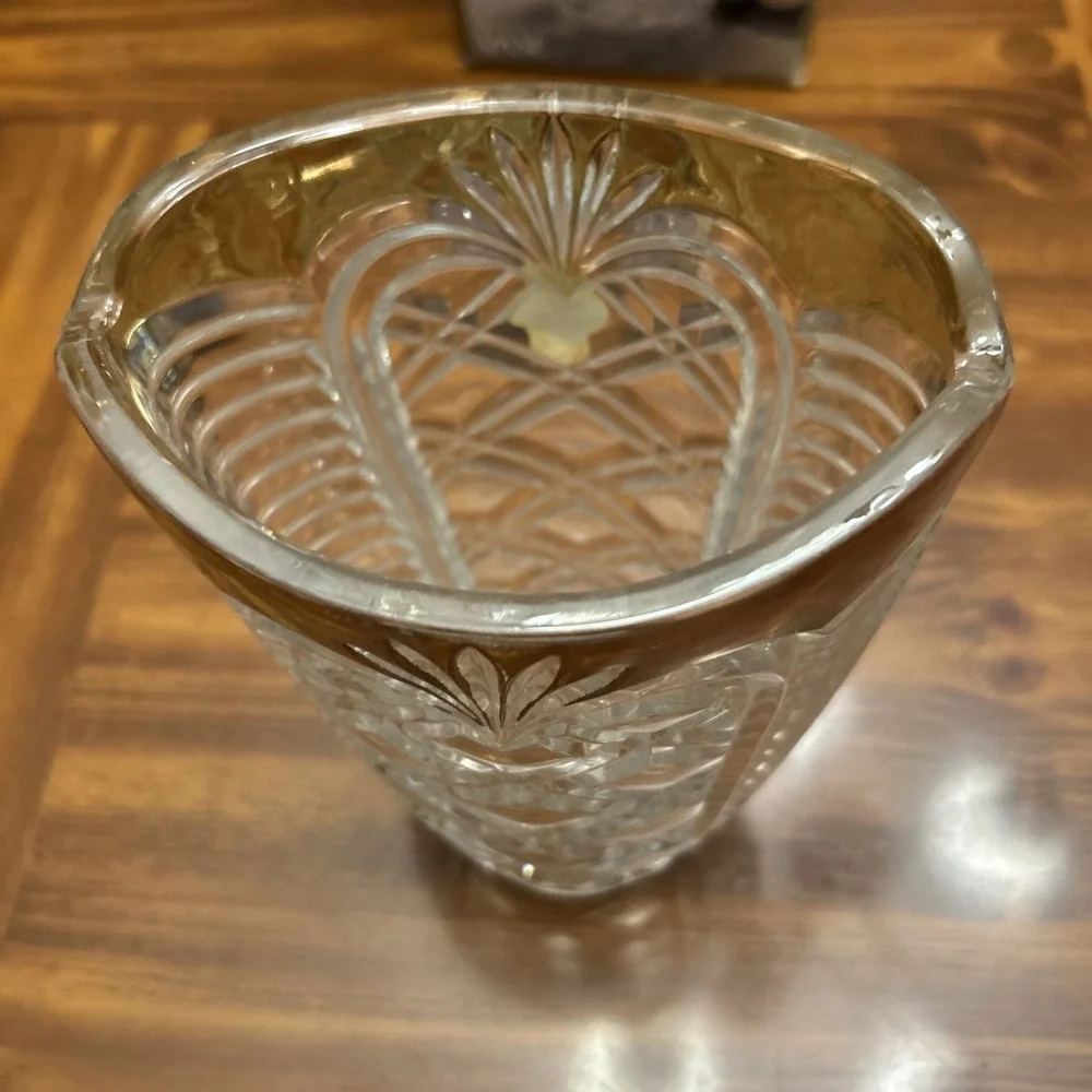 Collectible Fostoria Lead Crystal‎ Geometric Glass Clear Vase Gold Trim W Box